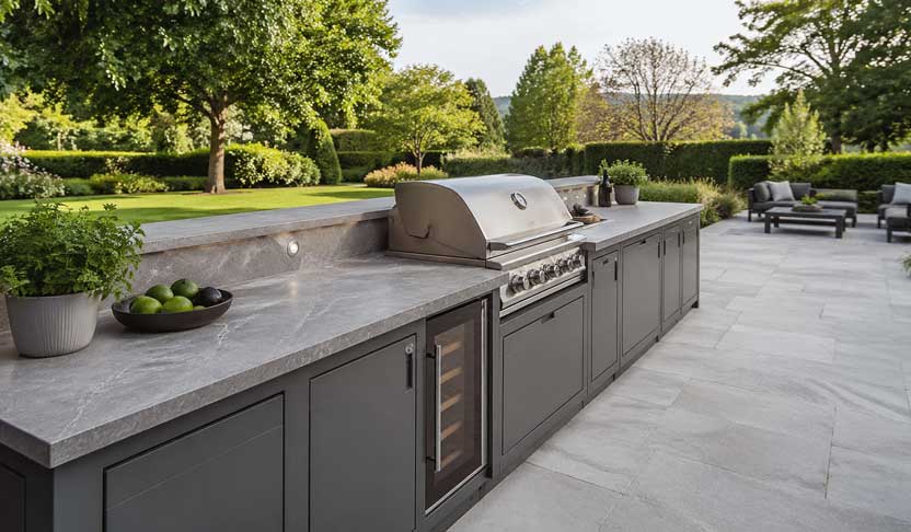 Outdoor kitchen with stone worktop in a Surrey garden